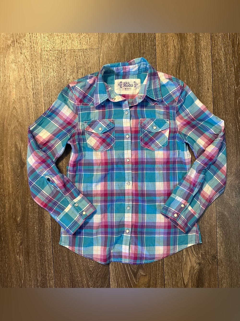 Mudd blue and purple pearl snap button flannel Sz 10/12